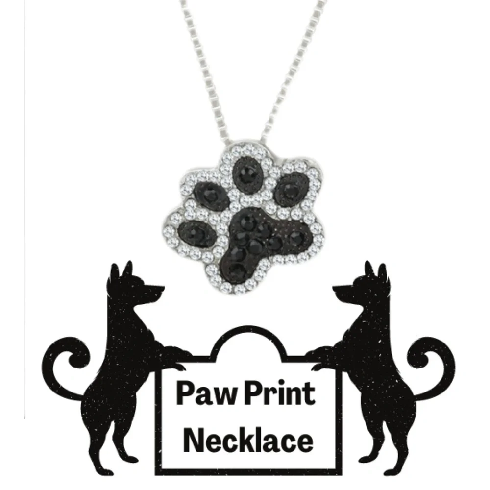 Black Crystals Dog Paw Print Necklace Pendant